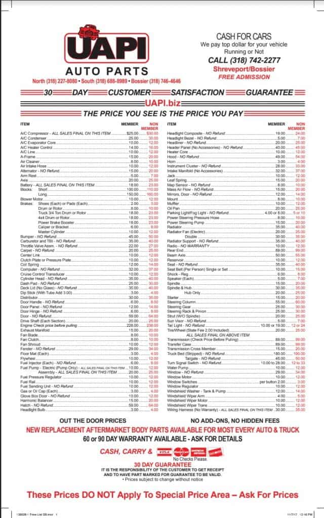 U-Auto-Pull-It Auto Parts Price List
