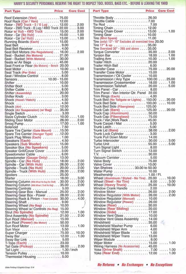 Harry's U PUll It Auto Parts Price List