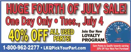 Save 40% off on all used auto parts at your local salvage yard