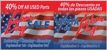 Labor day discount of 40% on used auto parts